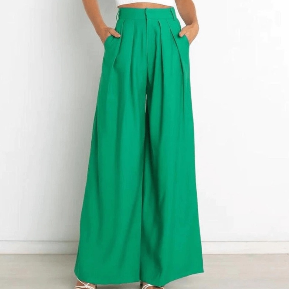 Revolve SNDYS Hills Tailored Green Wide Leg High Waist Pleat Trouser Pant Sz 4